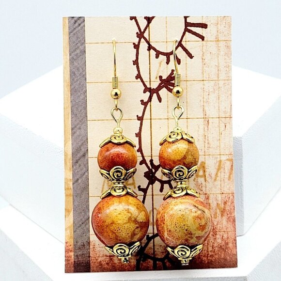 Artisan Wood Beaded Earrings Drop Dangle Dyed & Lacquered Fall Inspired 2 1/2" - Picture 2 of 6